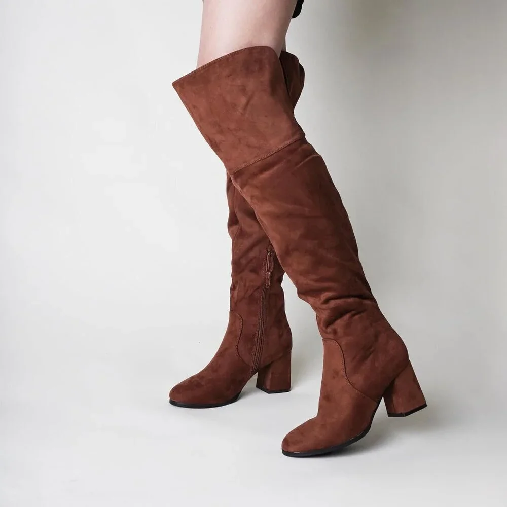 🆕J.Adams Brown Vegan Suede Over The Knee Trendy Low Block Heel Thigh High Boots